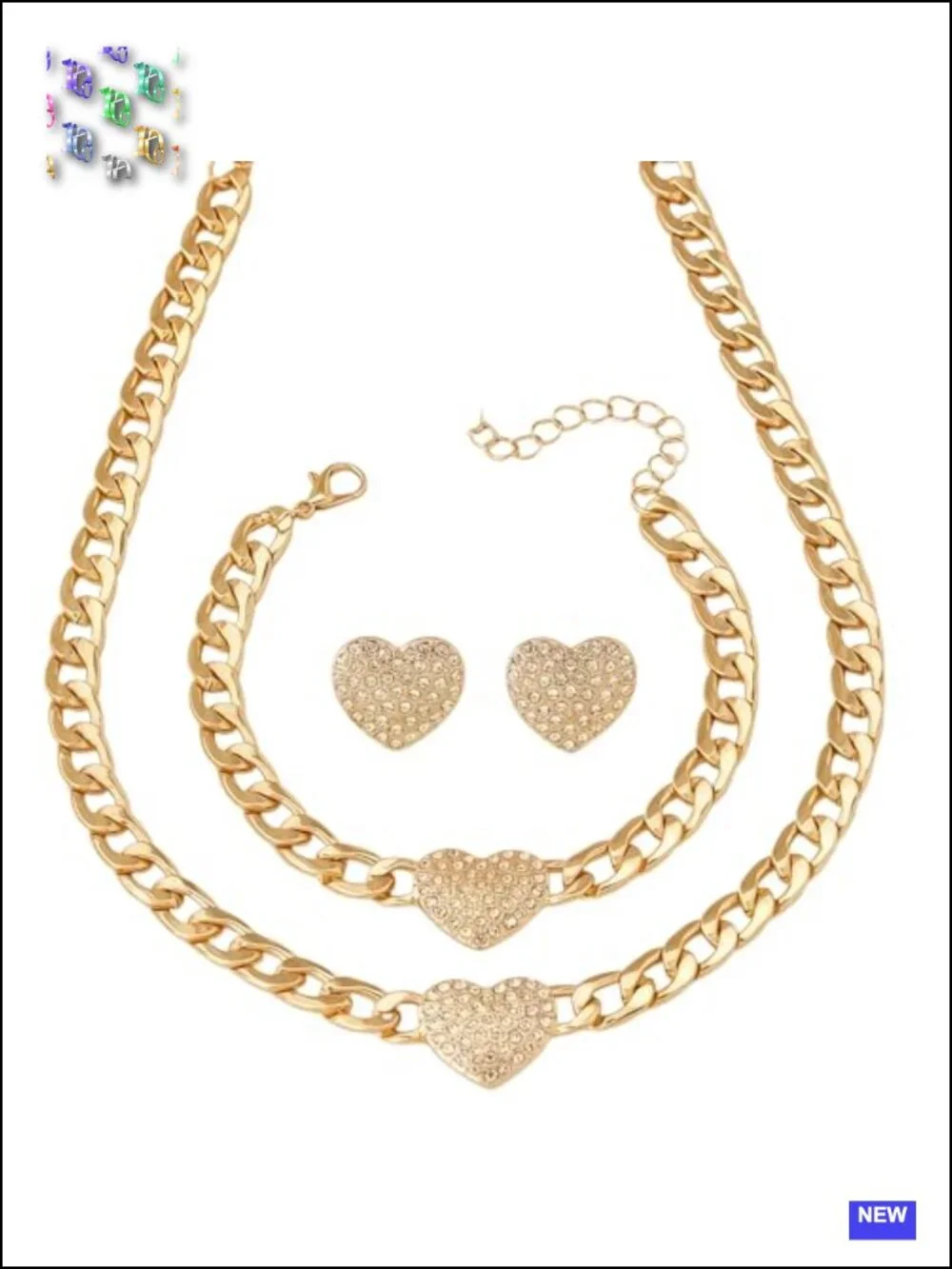 3-Piece Gold Tone Cuban Link Heart Jewelry Set with Necklace, Bracelet, Earrings